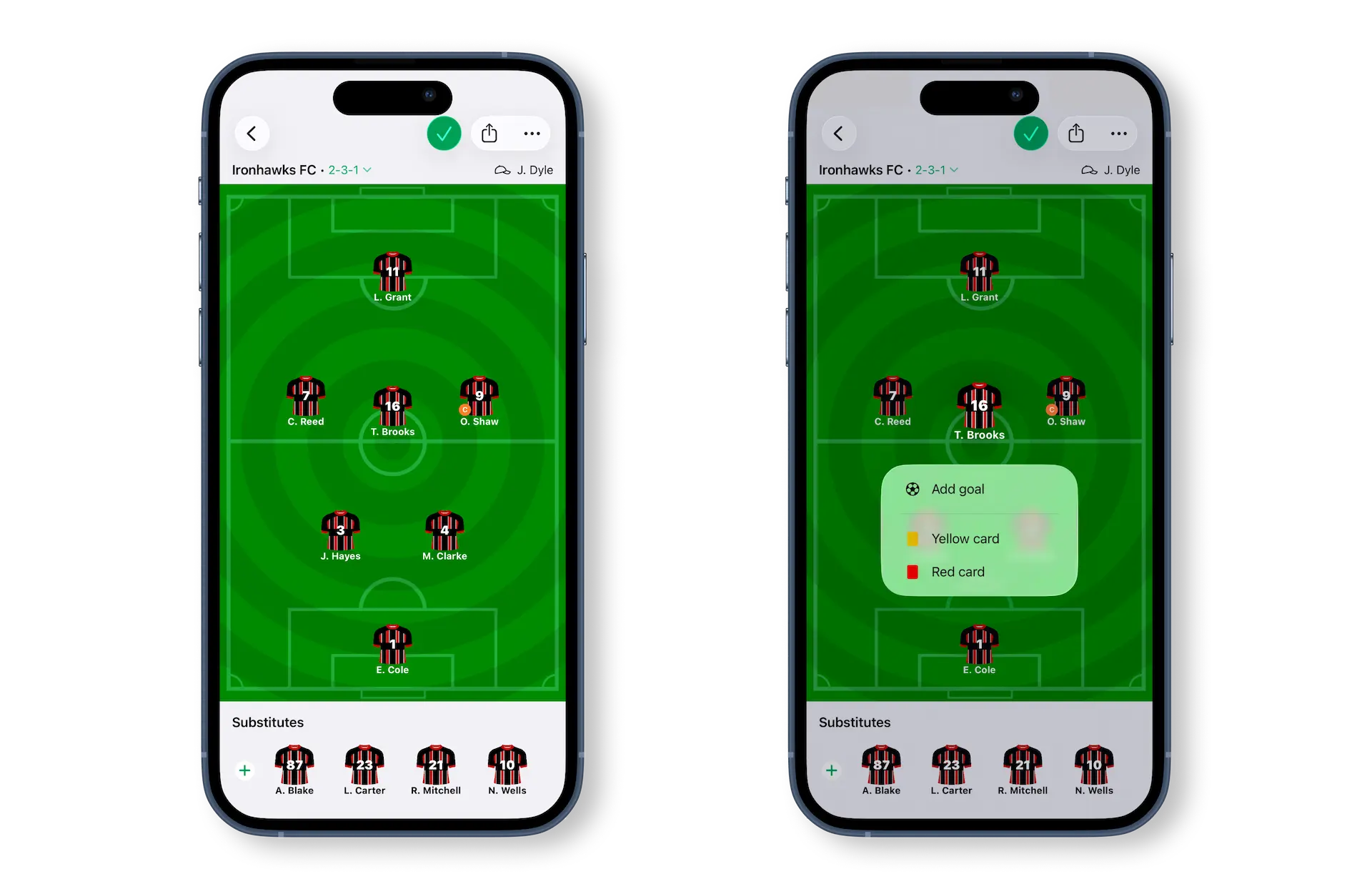 Place players, bench, goals, and cards