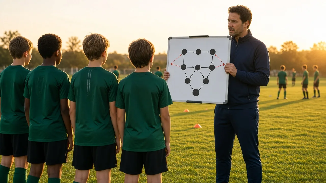 Youth coach explaining a 9v9 soccer formation on a tactical board to U11 players