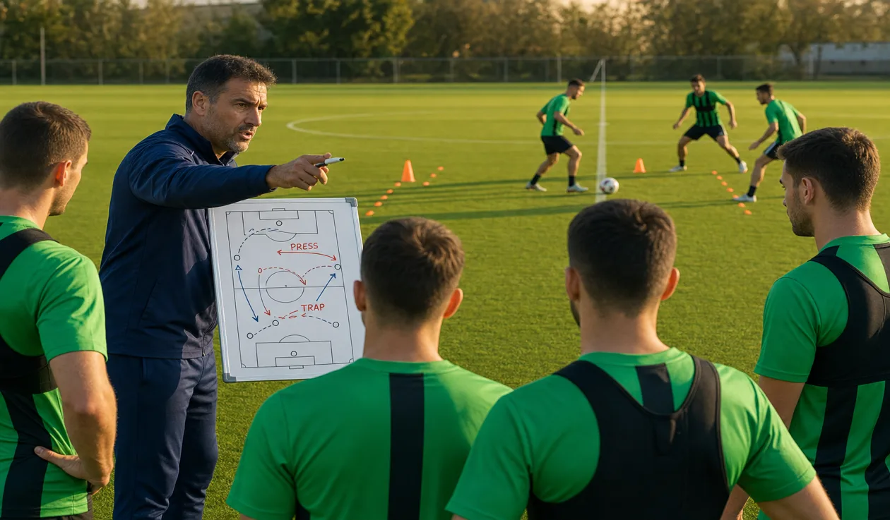 Coach and players rehearsing a high press on a football pitch with cones marking pressing lanes
