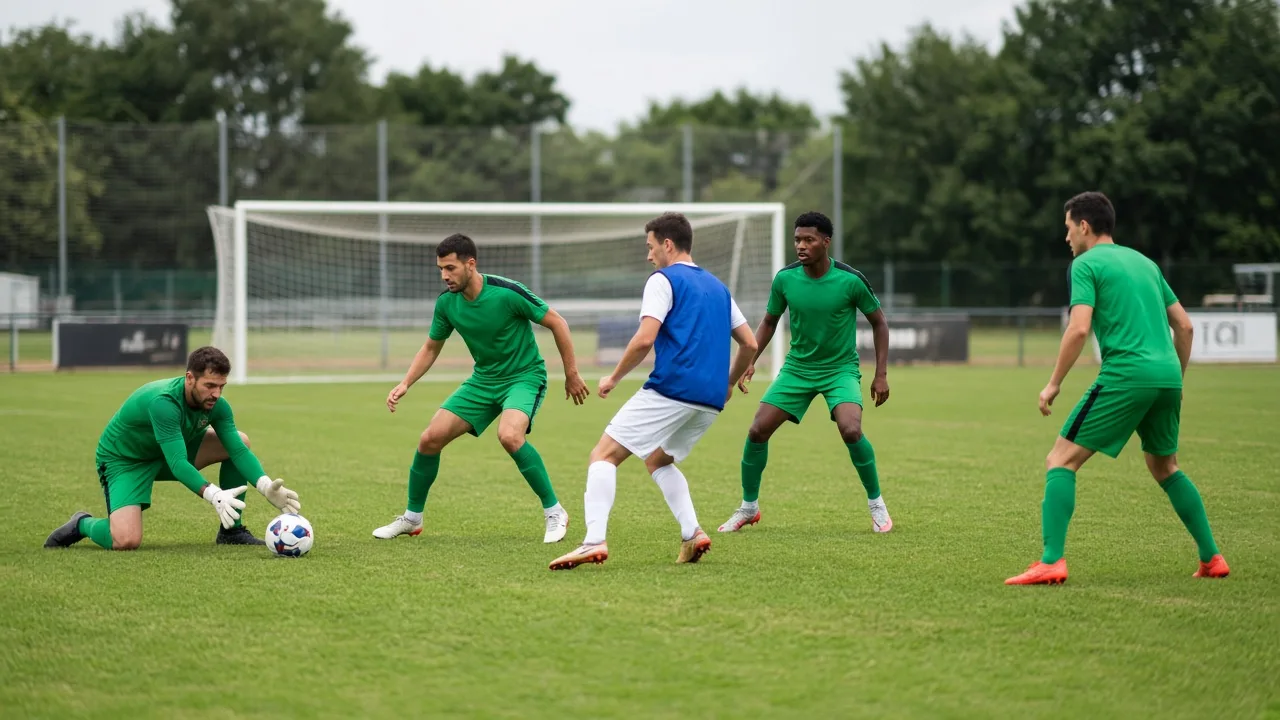 Goalkeeper and centre-backs building play from the back against a high press on a football pitch